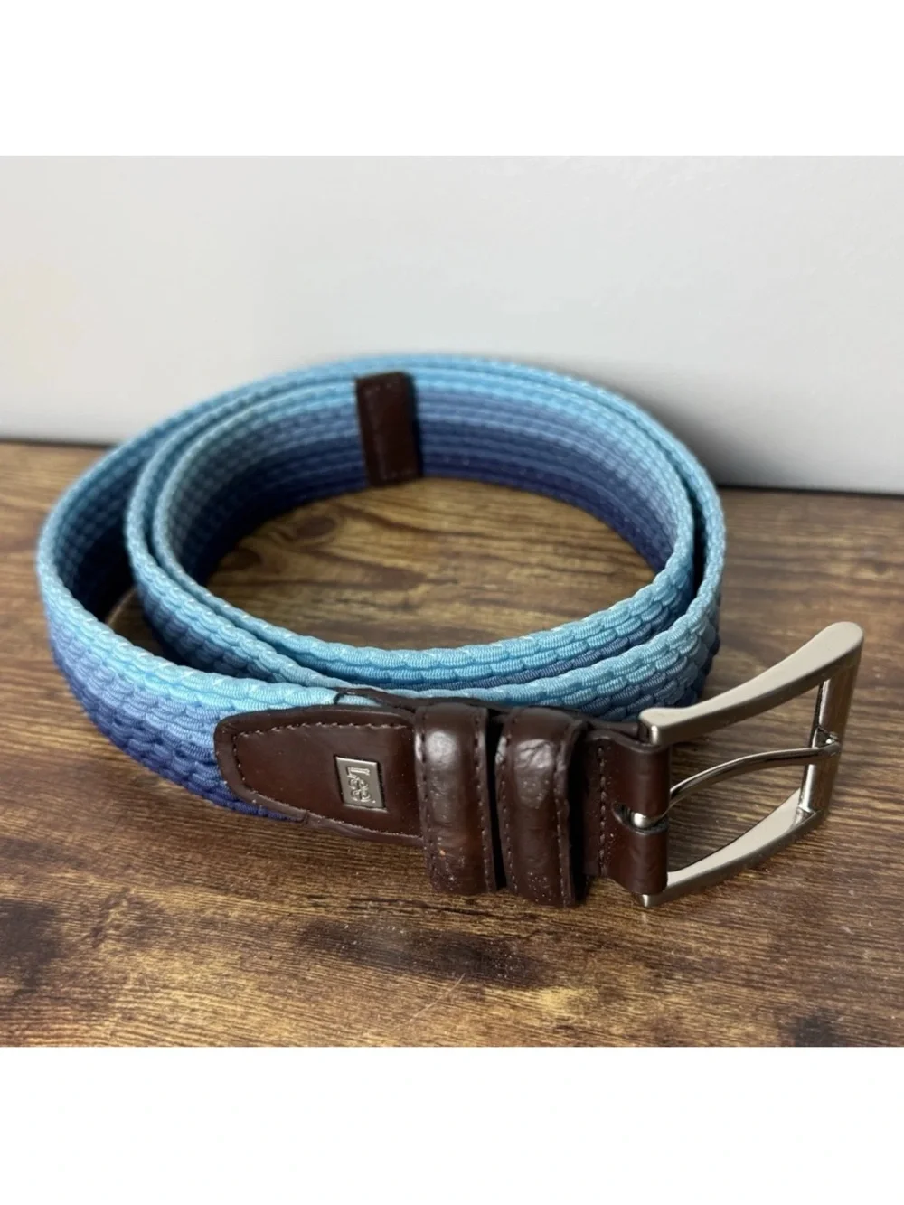 Lee Belt Mens Size 46 Blue Ombre Woven Stretch Braided Brown Golf Casual Coastal